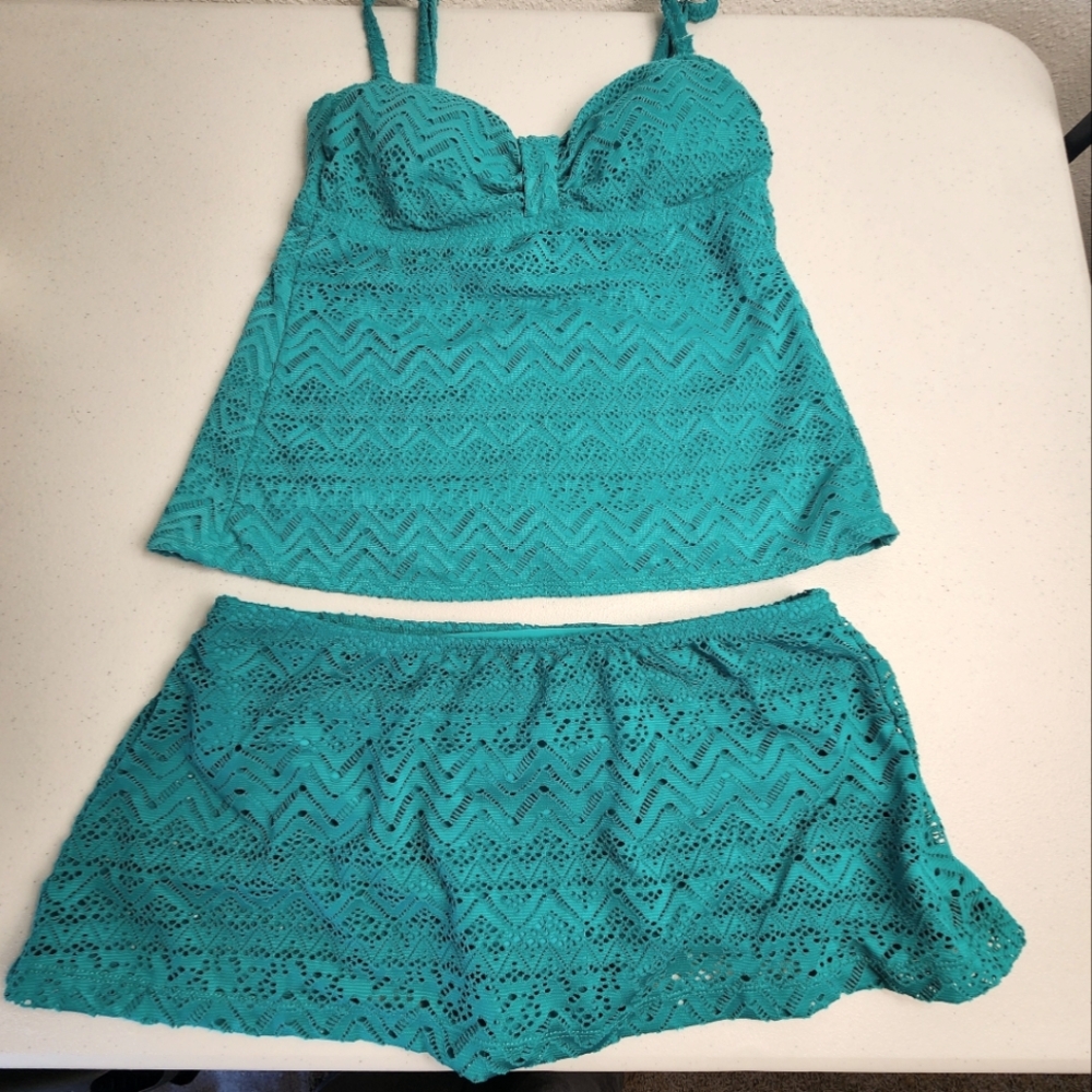 Catalina Turquoise Med Lace Crochet Bandini Tankini Two Piece Set Swimsuit Retro